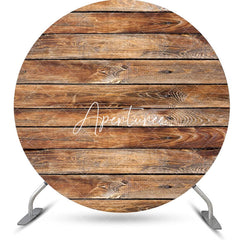 Aperturee - Natural Brown Wooden Plank Round Birthday Backdrop