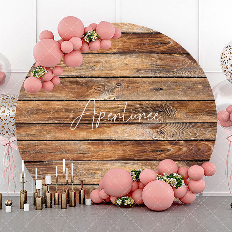 Aperturee - Natural Brown Wooden Plank Round Birthday Backdrop