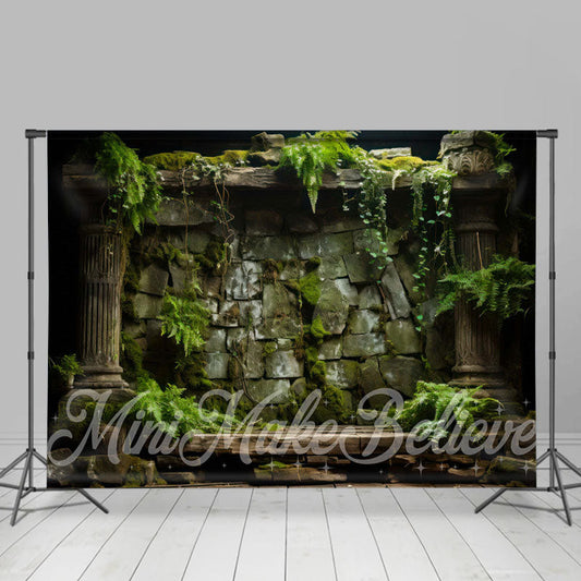 Aperturee - Natural Green Moss Leaves Stone Wall Spring Backdrop