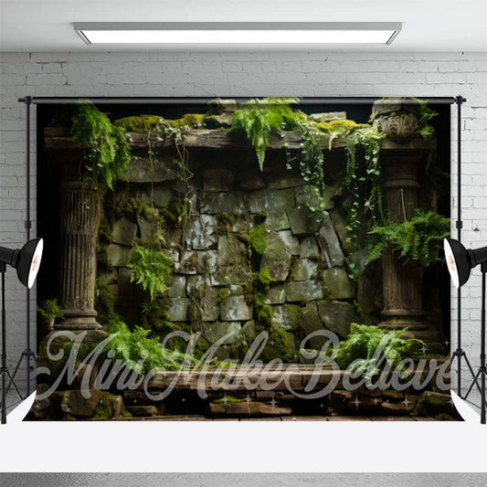 Aperturee - Natural Green Moss Leaves Stone Wall Spring Backdrop