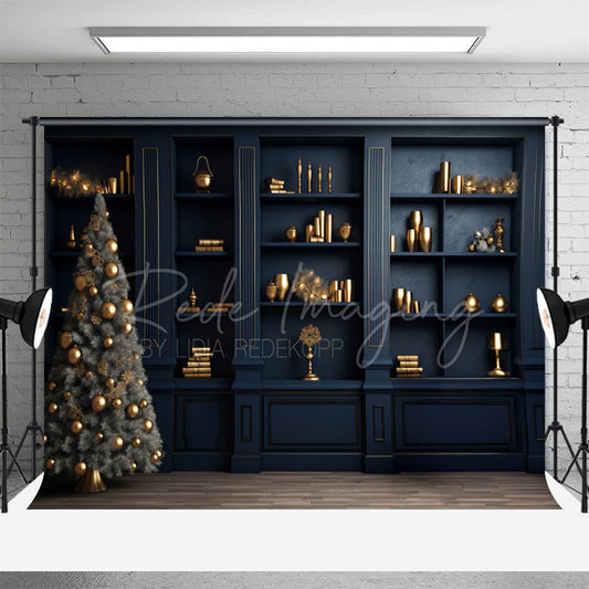 Aperturee - Navy Blue Book Shelf Christmas Tree Photo Backdrop