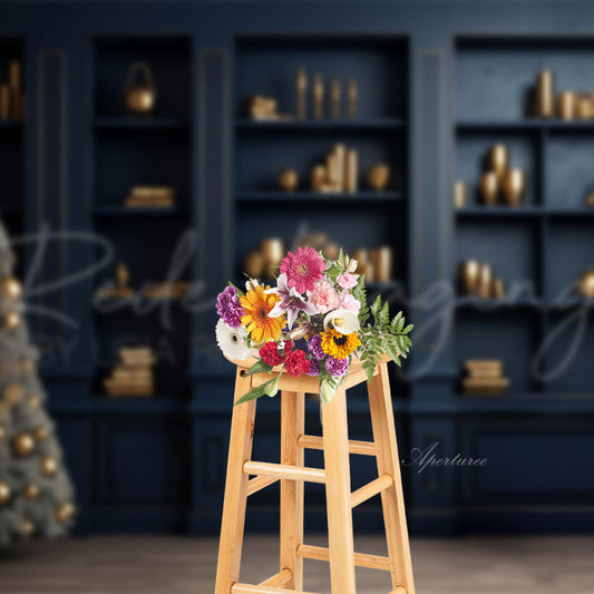 Aperturee - Navy Blue Book Shelf Christmas Tree Photo Backdrop