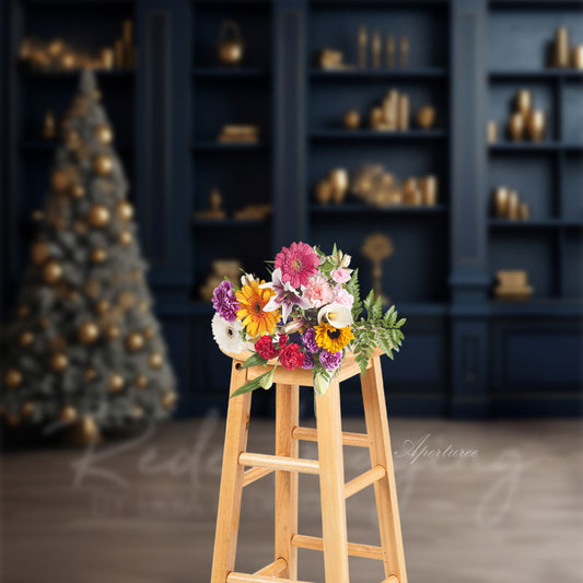 Aperturee - Navy Blue Book Shelf Christmas Tree Sweep Backdrop