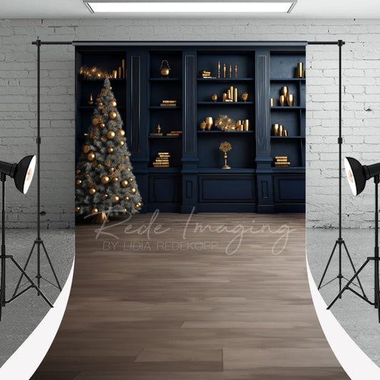 Aperturee - Navy Blue Book Shelf Christmas Tree Sweep Backdrop
