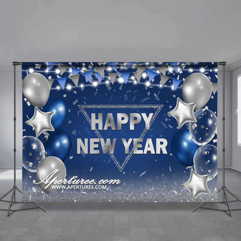 Aperturee - Navy Blue Silver Balloon Flag New Year Backdrop