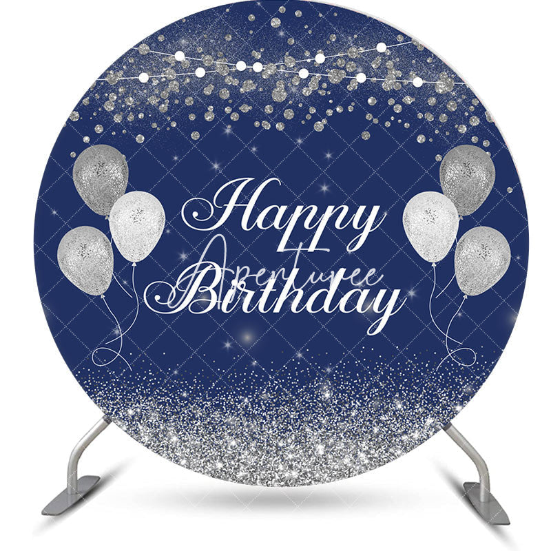 Aperturee - Navy Blue Silver Balloons Round Birthday Backdrop