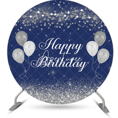 Aperturee - Navy Blue Silver Balloons Round Birthday Backdrop