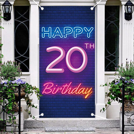 Aperturee - Neon Light Brick Wall Happy 20Th Birthday Door Cover
