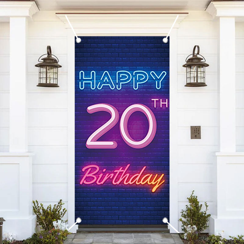 Aperturee - Neon Light Brick Wall Happy 20Th Birthday Door Cover