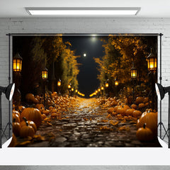 Aperturee - Night Stone Path Pumpkin Light Autumn Photo Backdrop