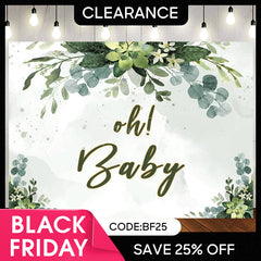 (Ship In 24HR) Oh Baby Green Plant Baby Shower Backdrop for Photos