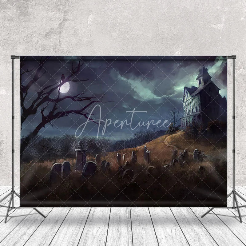 Aperturee - Oil Painting Horror Village Cemetery Halloween Backdrop