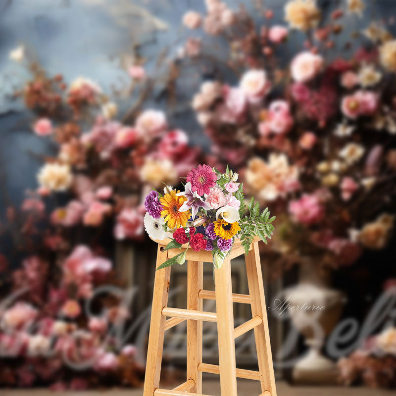 Aperturee - Old Masters Blue Wall Pink Flowers Fine Art Backdrop