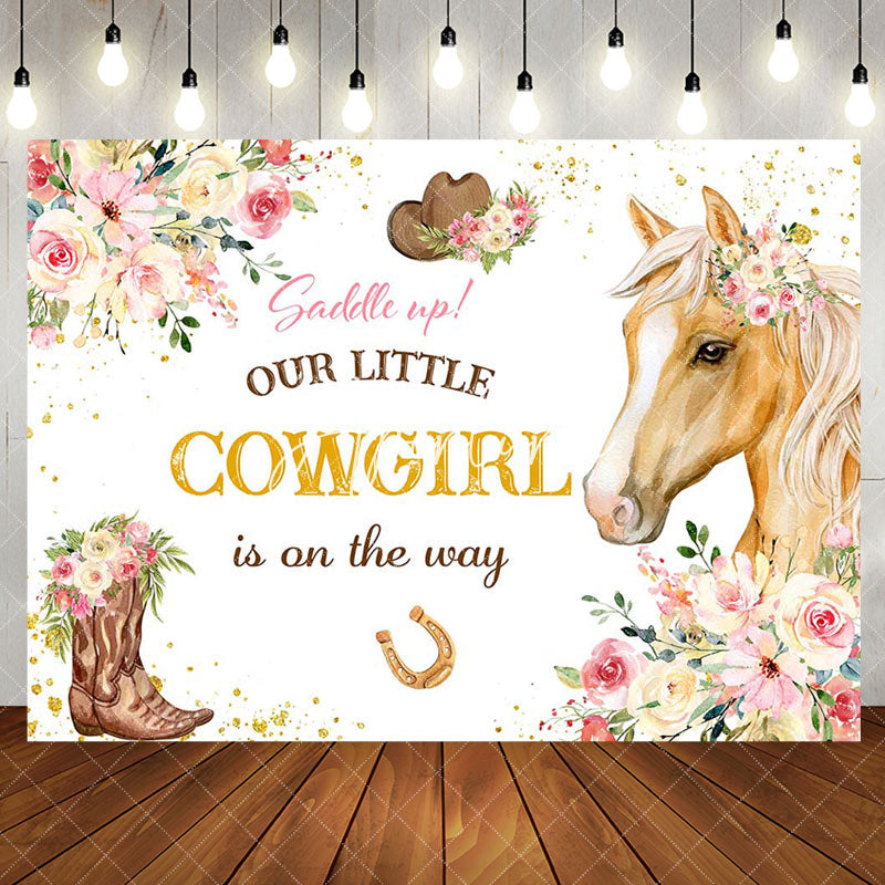 Aperturee - Our Little Cowgirl Floral Horse Baby Shower Backdrop