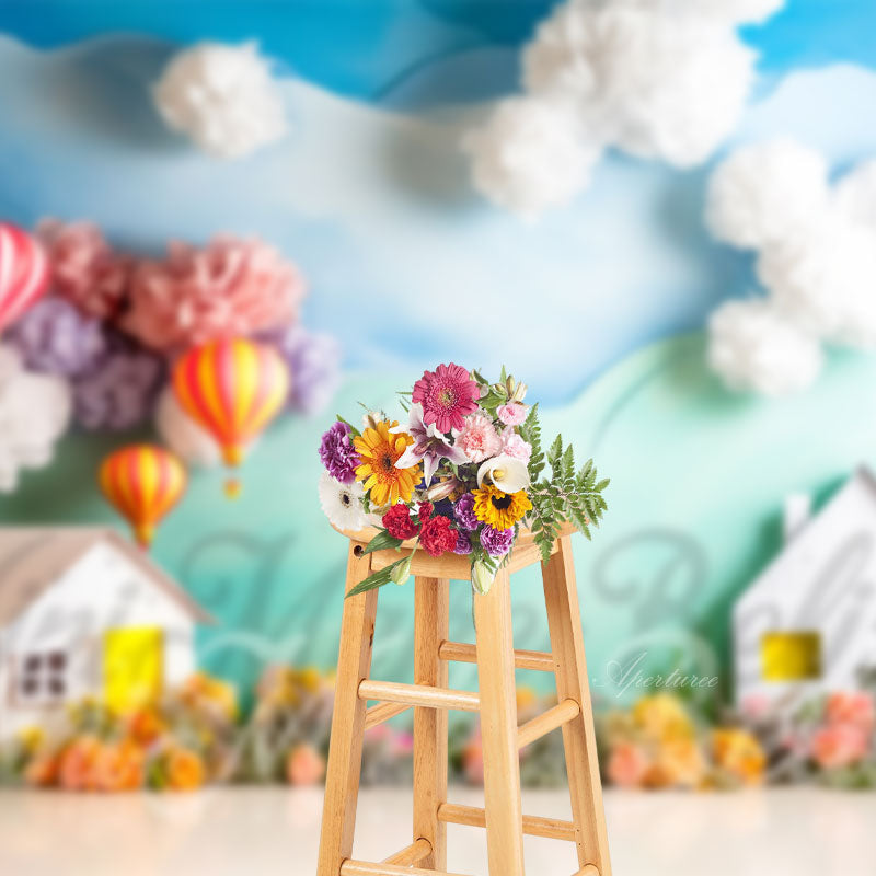 Aperturee - Paper House Hot Air Balloon Flower Birthday Backdrop
