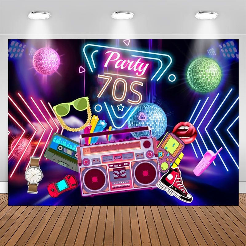 Aperturee - Party 70S Music Neon Light Happy Birthday Backdrop