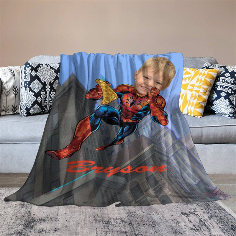 Aperturee - Personalized Photo Flying Hero Pizza City Blanket