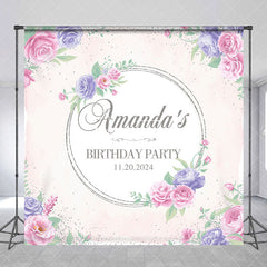 Aperturee - Personalized Purple Pink Flowers Birthday Backdrop