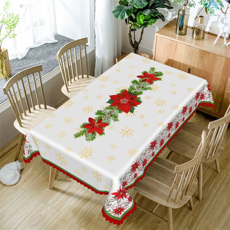 Aperturee - Pine Branches Red Poinsettia Christmas Tablecloth
