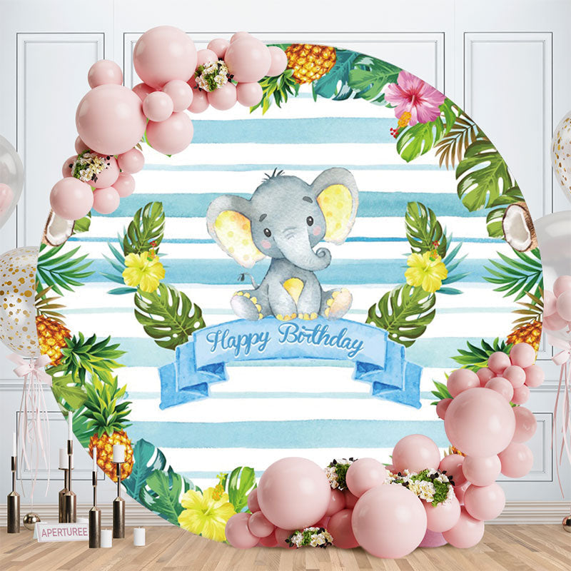 Aperturee - Pineapple And Blue Eleohant Round Birthday Backdrop