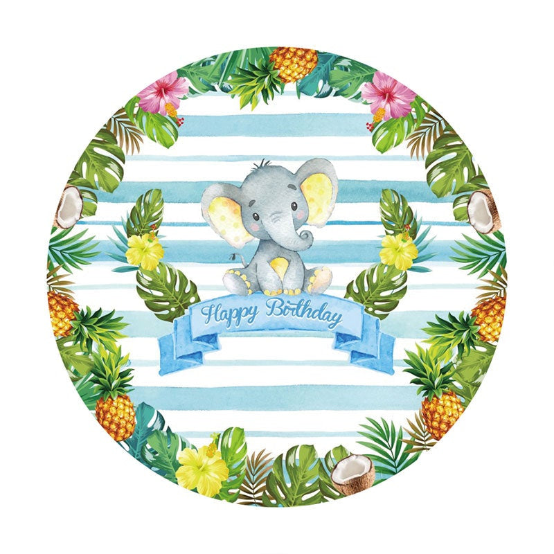 Aperturee - Pineapple And Blue Eleohant Round Birthday Backdrop