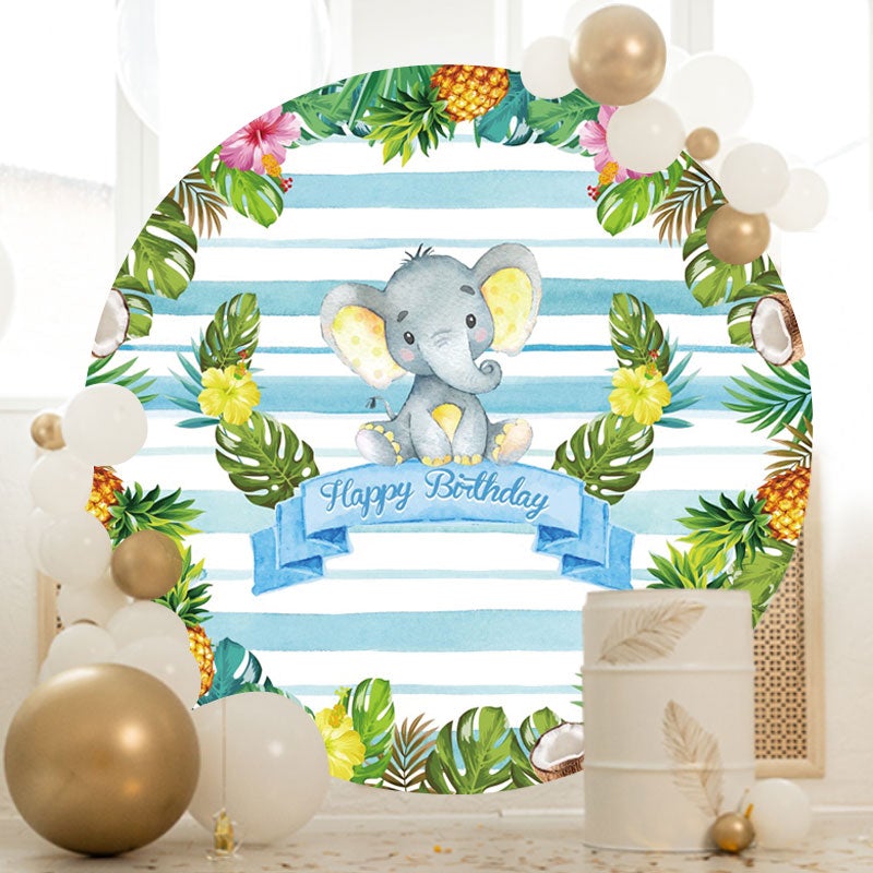 Aperturee - Pineapple And Blue Eleohant Round Birthday Backdrop