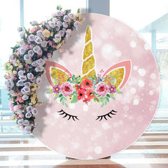 Aperturee - Pink And Gold Floral Unicorn Bokeh Round Birthday Backdrops