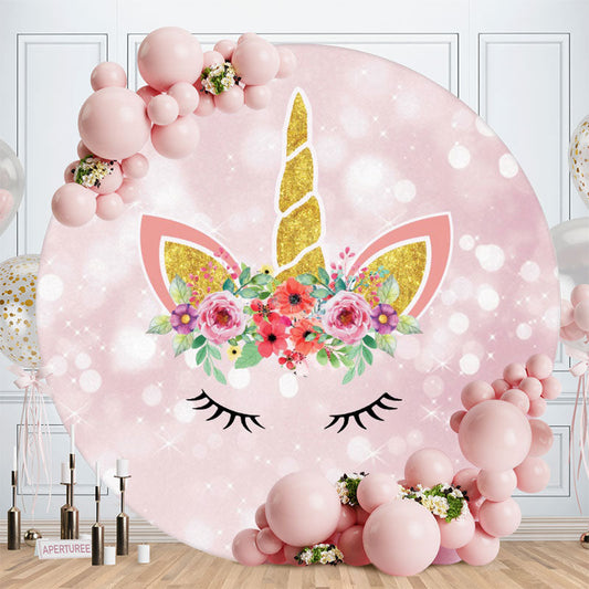 Aperturee - Pink And Gold Floral Unicorn Bokeh Round Birthday Backdrops