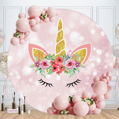Aperturee - Pink And Gold Floral Unicorn Bokeh Round Birthday Backdrops