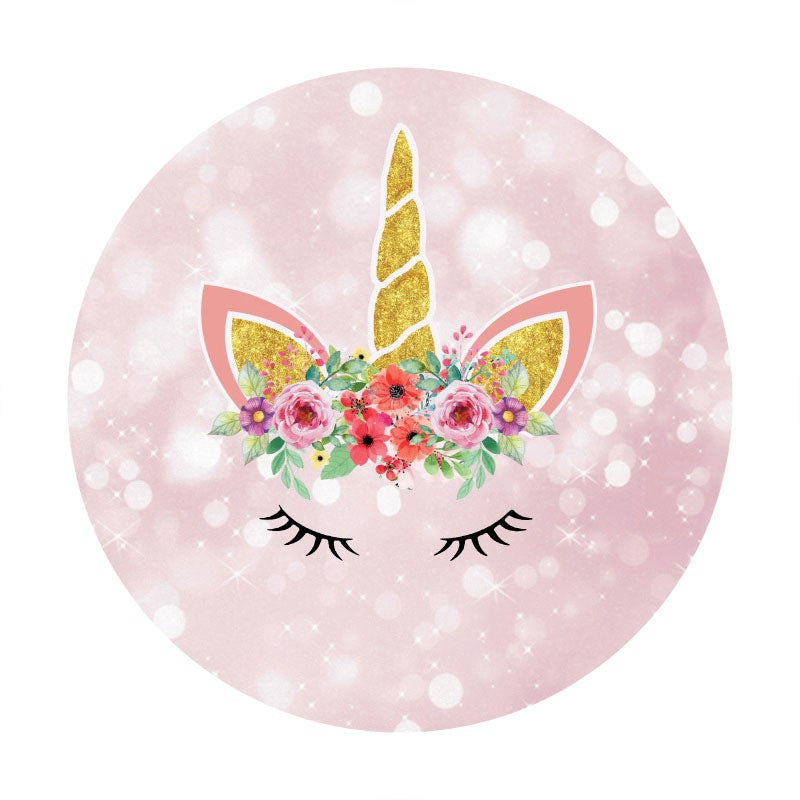 Aperturee - Pink And Gold Floral Unicorn Bokeh Round Birthday Backdrops