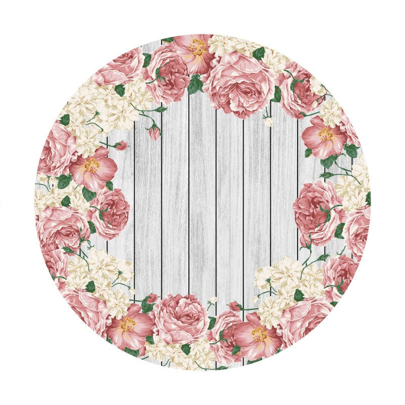 Aperturee - Pink And White Floral And Round Wood Birthday Backdrop