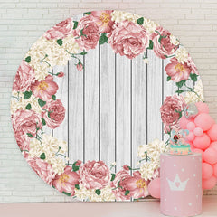 Aperturee - Pink And White Floral And Round Wood Birthday Backdrop