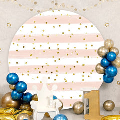 Aperturee - Pink And White Stripes Round Gold Birthday Backdrop