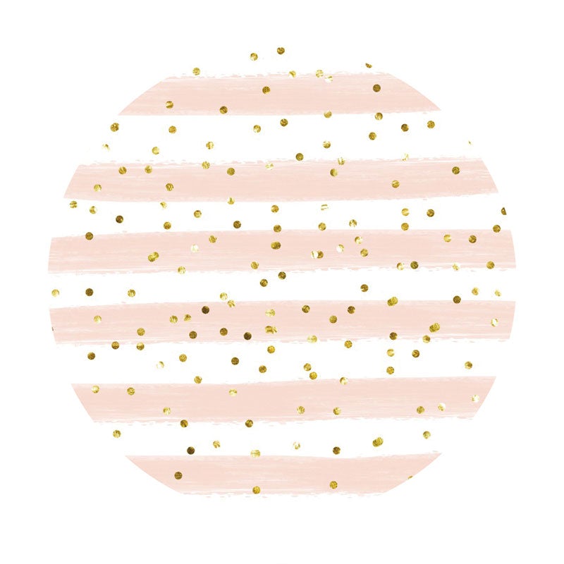 Aperturee - Pink And White Stripes Round Gold Birthday Backdrop