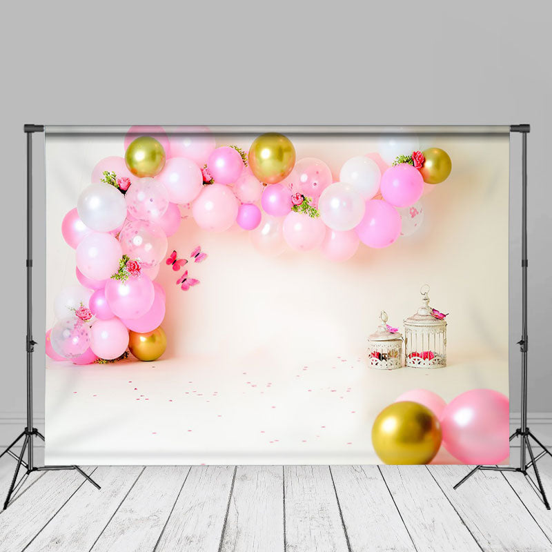 Aperturee - Pink Balloons Warm Beige Butterflies Birthday Backdrop