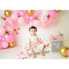 Aperturee - Pink Balloons Warm Beige Butterflies Birthday Backdrop