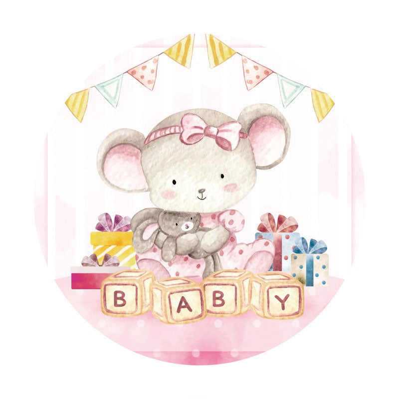 Aperturee - Pink Bear Circle Baby Shower Backdrop For Girl
