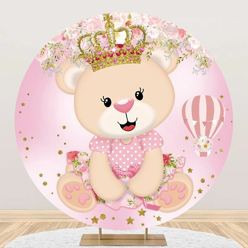 Aperturee - Pink Bear Crown Floral Round Baby Shower Backdrop