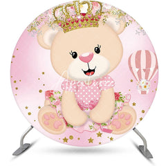 Aperturee - Pink Bear Crown Floral Round Baby Shower Backdrop