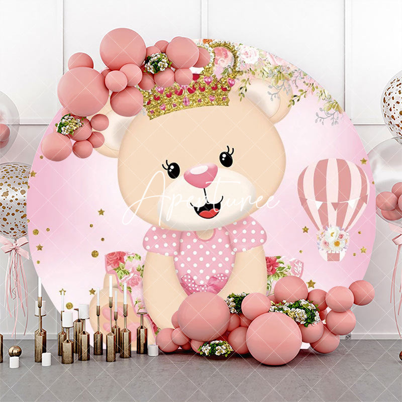 Aperturee - Pink Bear Crown Floral Round Baby Shower Backdrop