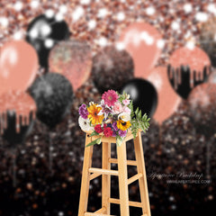 Aperturee - Pink Black Balloon Sparkling Bokeh Grad Photo Backdrop