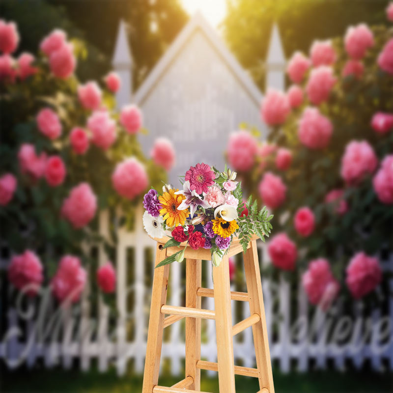 Aperturee - Pink Blooming Flowers Garden Fence Wedding Backdrop