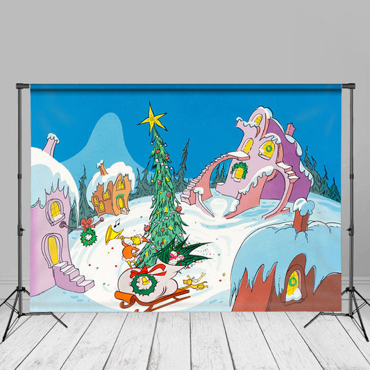 Aperturee - Pink Brown House Whoville Christmas Tree Backdrop