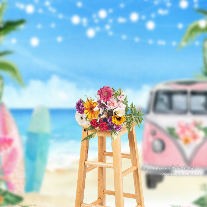 Aperturee - Pink Bus Surfboard Hawaii Beach Floral Summer Backdrop