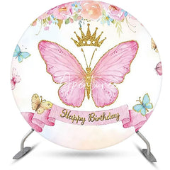 Aperturee - Pink Butterfly Crown Floral Round Birthday Backdrop