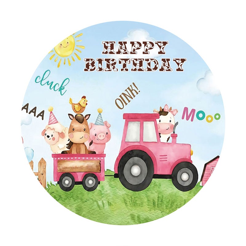 Aperturee - Pink Car And Cute Animals Round Happy Birthday Backdrop