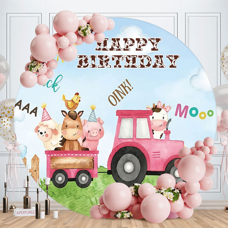 Aperturee - Pink Car And Cute Animals Round Happy Birthday Backdrop
