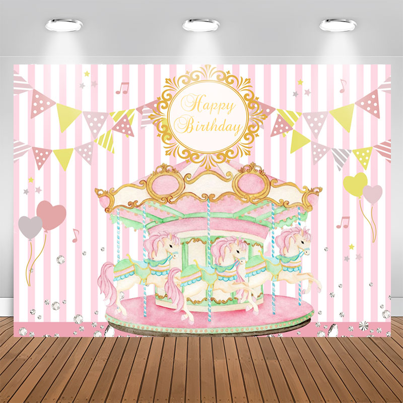 Aperturee - Pink Carousel Flags Happy Birthday Backdrop For Girl