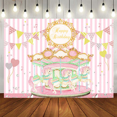 Aperturee - Pink Carousel Flags Happy Birthday Backdrop For Girl