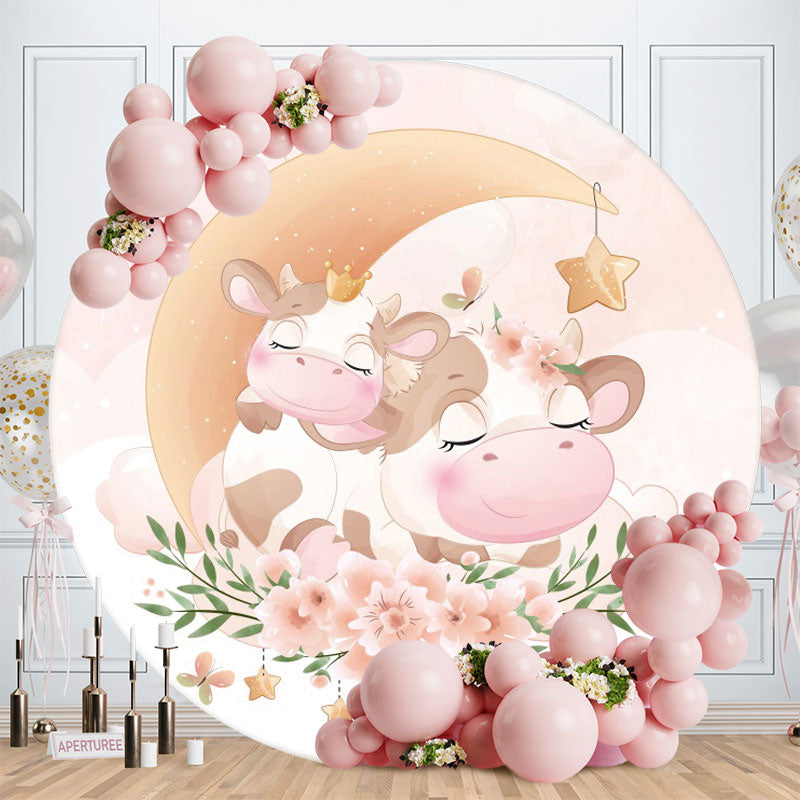 Aperturee - Pink Cows And Moon Round Baby Shower Backdrop